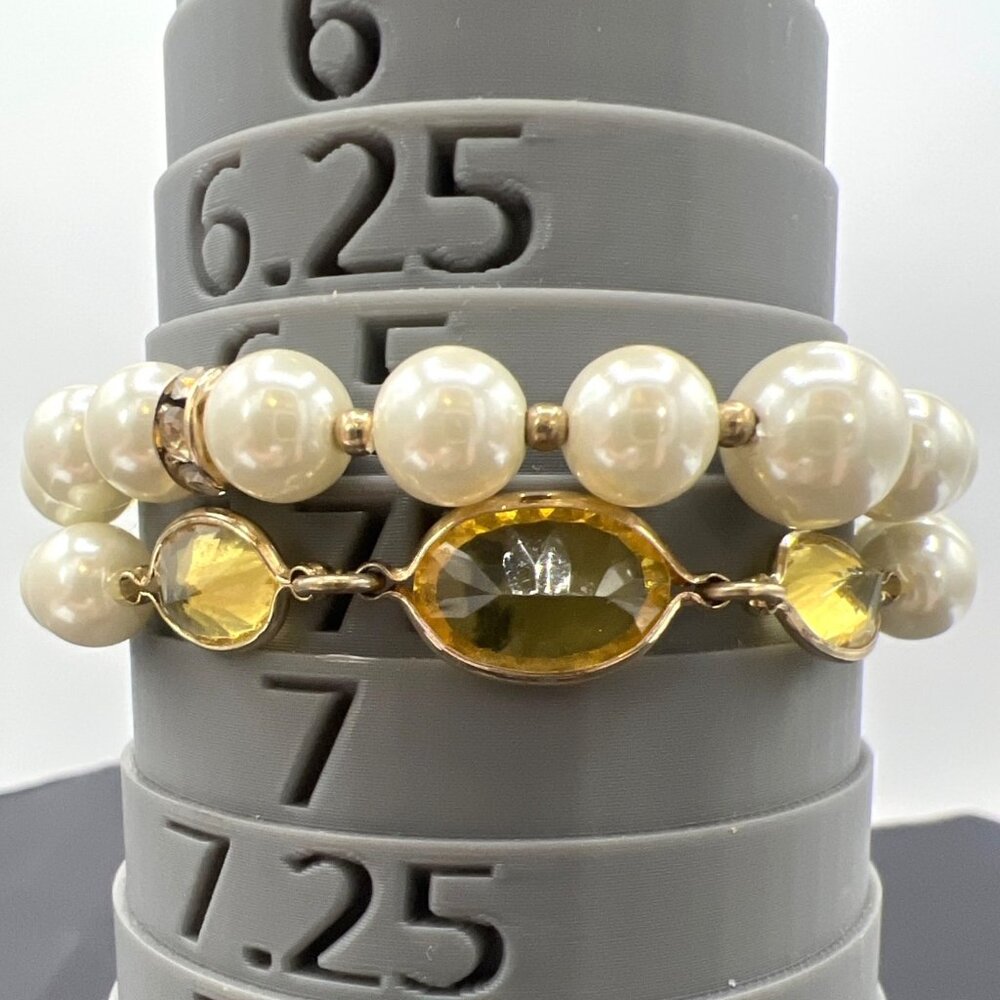 Vintage Napier Double Strand Bracelet Faux Pearl Yellow Crystal Gold Tone 6.5" - Picture 2 of 8